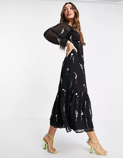 ASOS DESIGN button through embroidered maxi tea dress in black | ASOS | ASOS (Global)