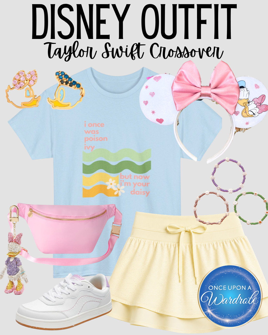 A Disney outfit for women with the sweetest Taylor Swift x Daisy Duck crossover 🌼 This pastel Disney World outfit is perfect for Magic Kingdom, EPCOT, Disney Springs, or a spring Disney vacation. Style it with a graphic tee, yellow skort, pink belt bag, comfy sneakers, and Daisy Duck accessories for an easy theme park outfit for women. 

 #LTKootd #LTKmomlife #LTKTravel