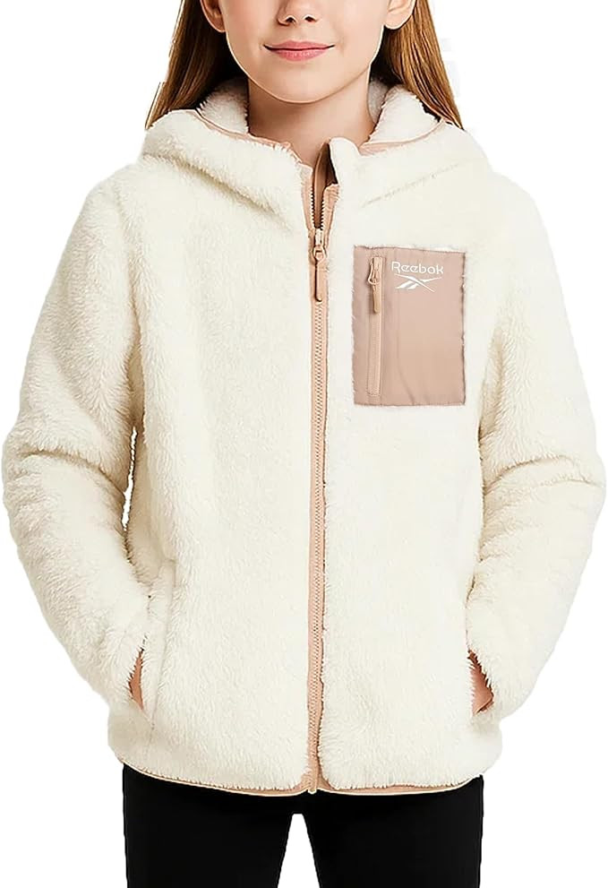 Reebok Girls Fleece Jacket - Full Zip Soft Sherpa Faux Fur Coat Hooded Winter Jacket - Warm Teddy... | Amazon (US)