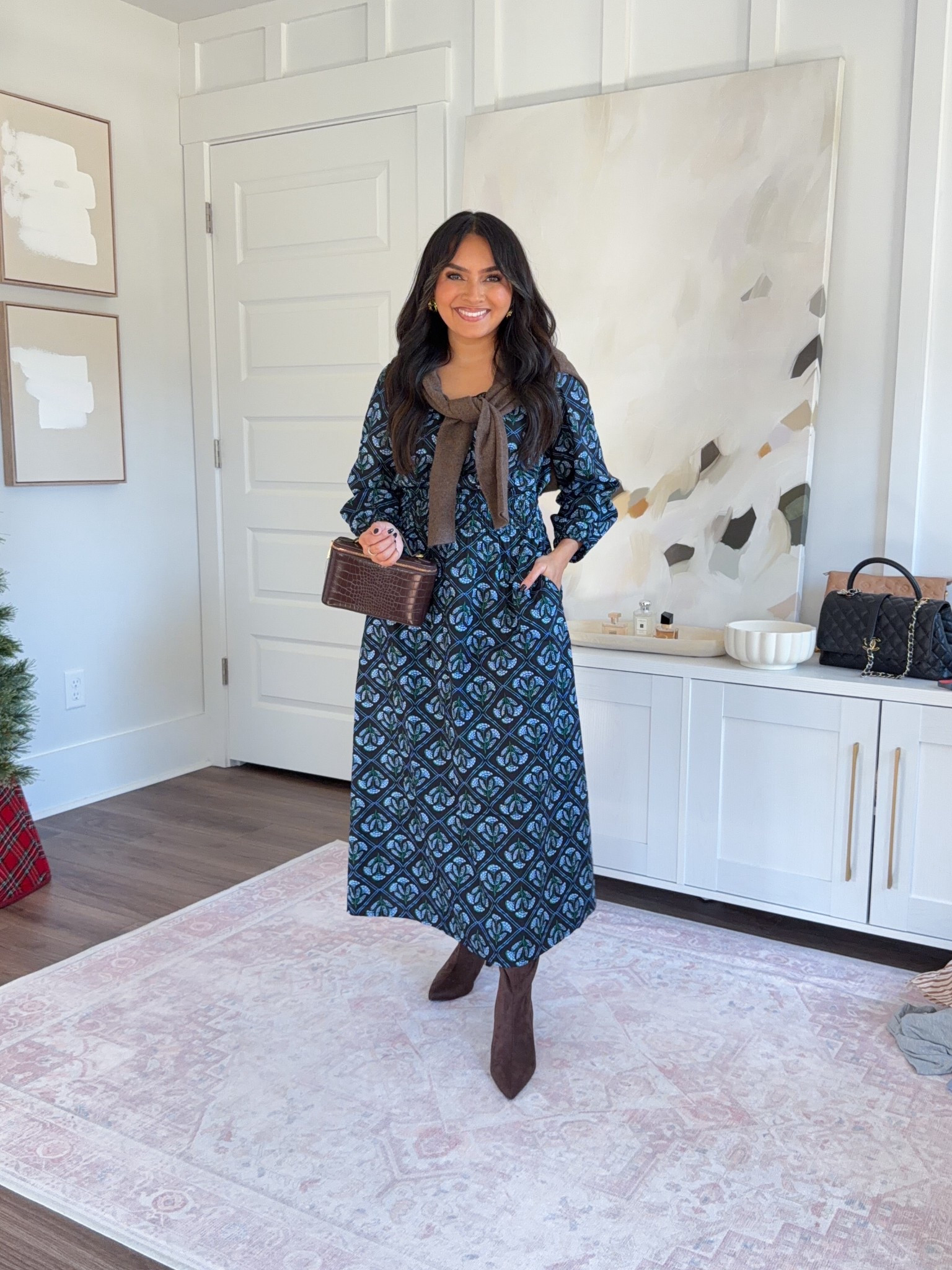 Blue printed long sleeve dress size 00 regular TTS - i wanted this dress to fit full length so i went with the regular sizing
Brown boots size 5.5 TTS


#LTKHoliday #LTKPetite #LTKCyberWeek
