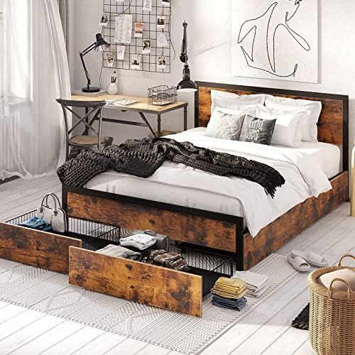 Rolanstar Queen Bed Frame with Headboard and 4 Drawers, Metal Platform Bed with Large Storage Space, | Amazon (US)