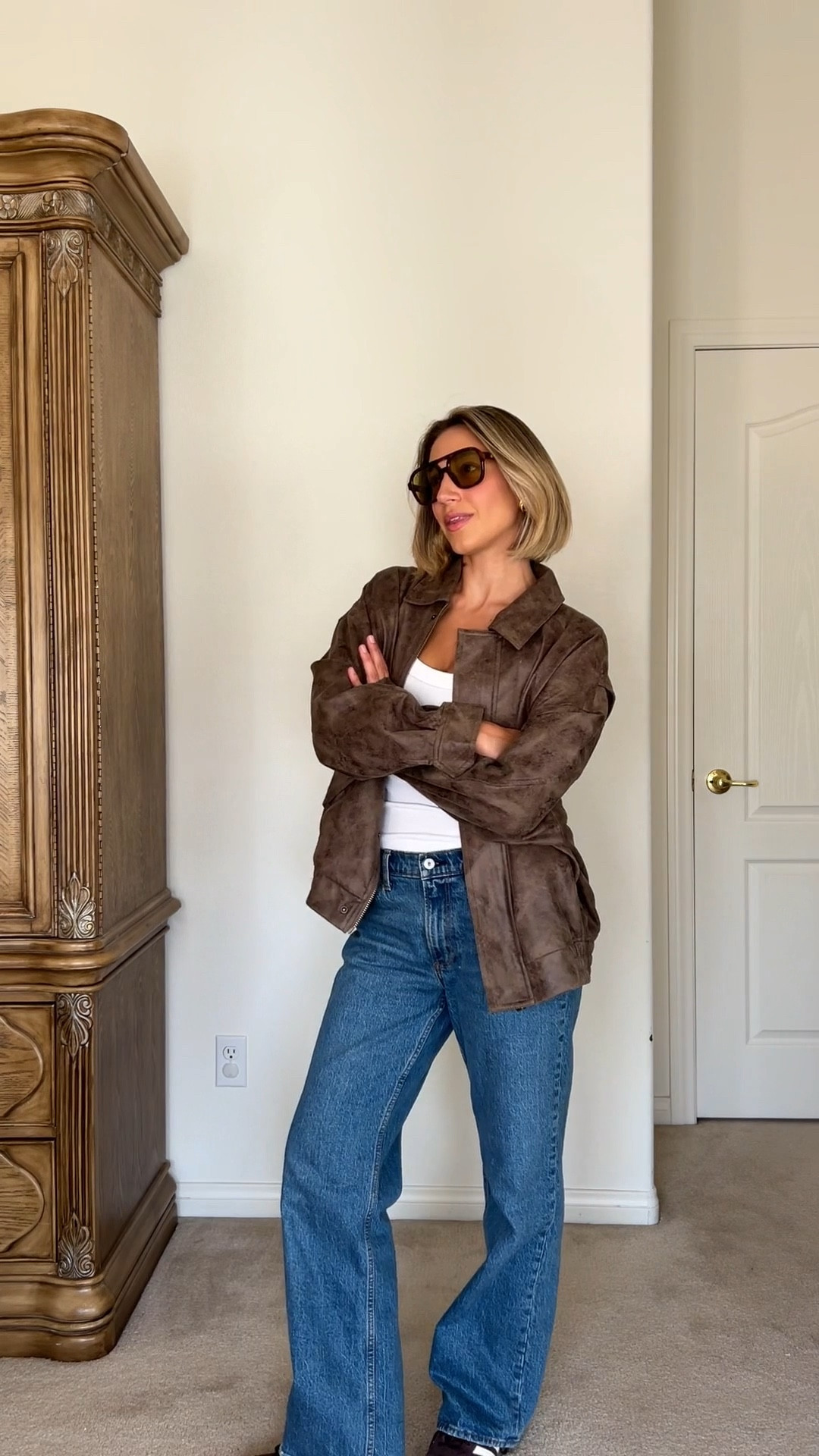 Fall outfit, fall style, brown jacket, brown leather jacket, fall jacket, white tank, white tank top, low rise jeans, low rise denim, medium wash denim, adidas, adidas samba, adidas gazelle

#LTKStyleTip #LTKSeasonal #LTKVideo