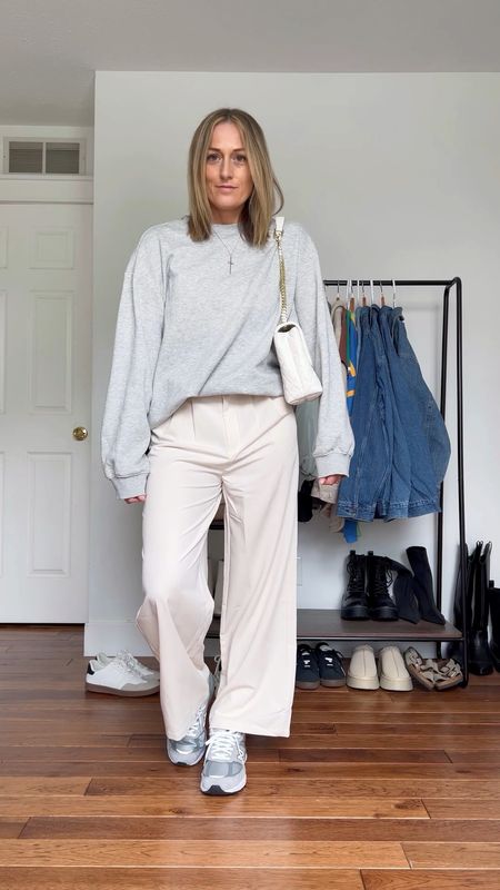Spring outfit. Spring outfit idea. Oversized crewneck sweatshirt. Trouser pants. Dress pants. Cream trousers. Cropped pants. New balance shoes. Casual outfit idea. Casual outfit. Mom outfit.

#LTKSeasonal #LTKfindsunder50 #LTKfindsunder100