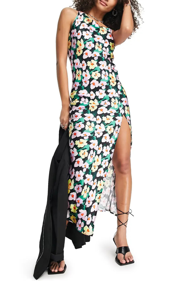 TOPSHOP Floral Asymmetric Neck Satin Slipdress | Nordstrom | Nordstrom