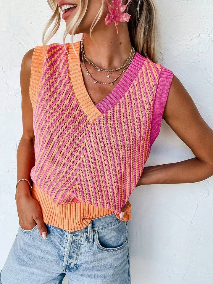 Acelitt Gradient Color V-Neck Ribbed Sleeveless Tank Top | SHEIN