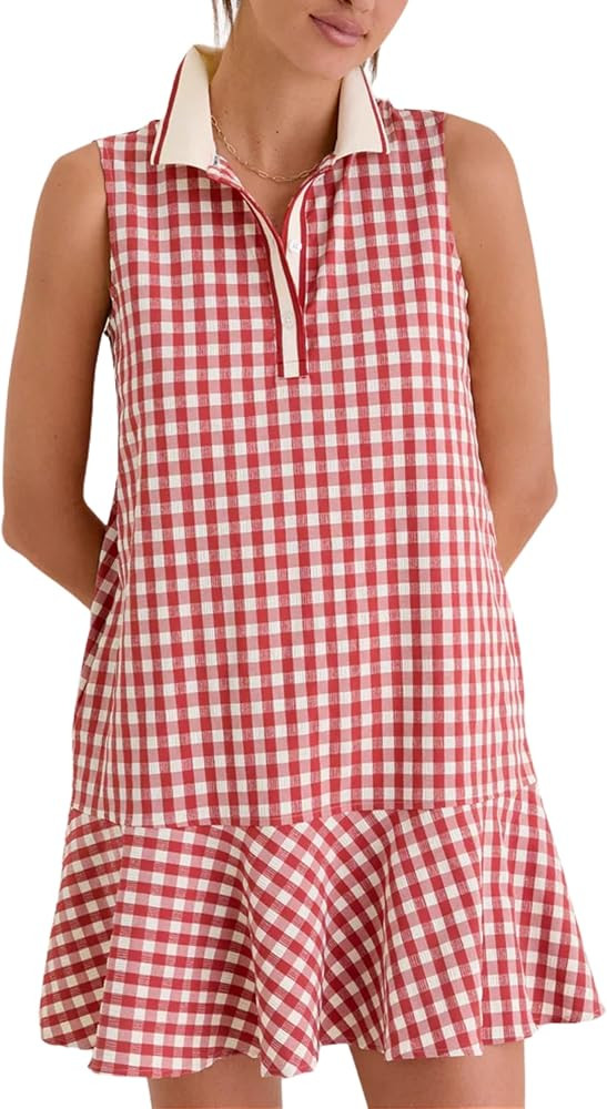 Meyhad Womens Gingham Polo Dress V Neck Sleeveless Ruffled Hem Mini Dresses Plaid Button Front Te... | Amazon (US)