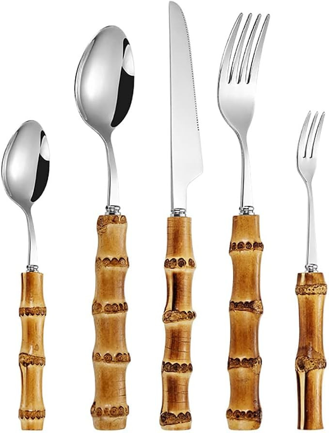 bamboo flatware sets, household kitchen bamboo utensil flatware sets for 6, bamboo handle cutlery... | Amazon (US)