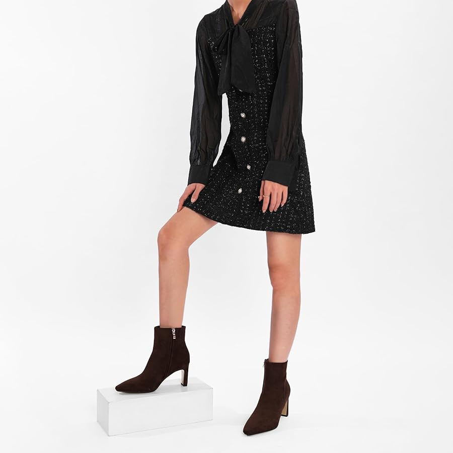 Brown Suede Ankle Boots for Women Pointed Toe Chunky High Heeled Booties Fall Dressy Short Boots ... | Amazon (US)