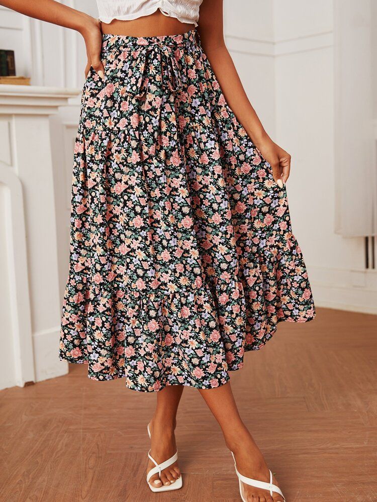 SHEIN Allover Floral Print Ruffle Hem Belted Skirt | SHEIN