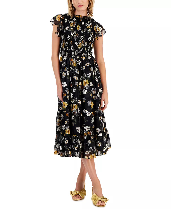 Houston Floral-Print Smocked-Bodice Tiered Midi Dress | Macy's