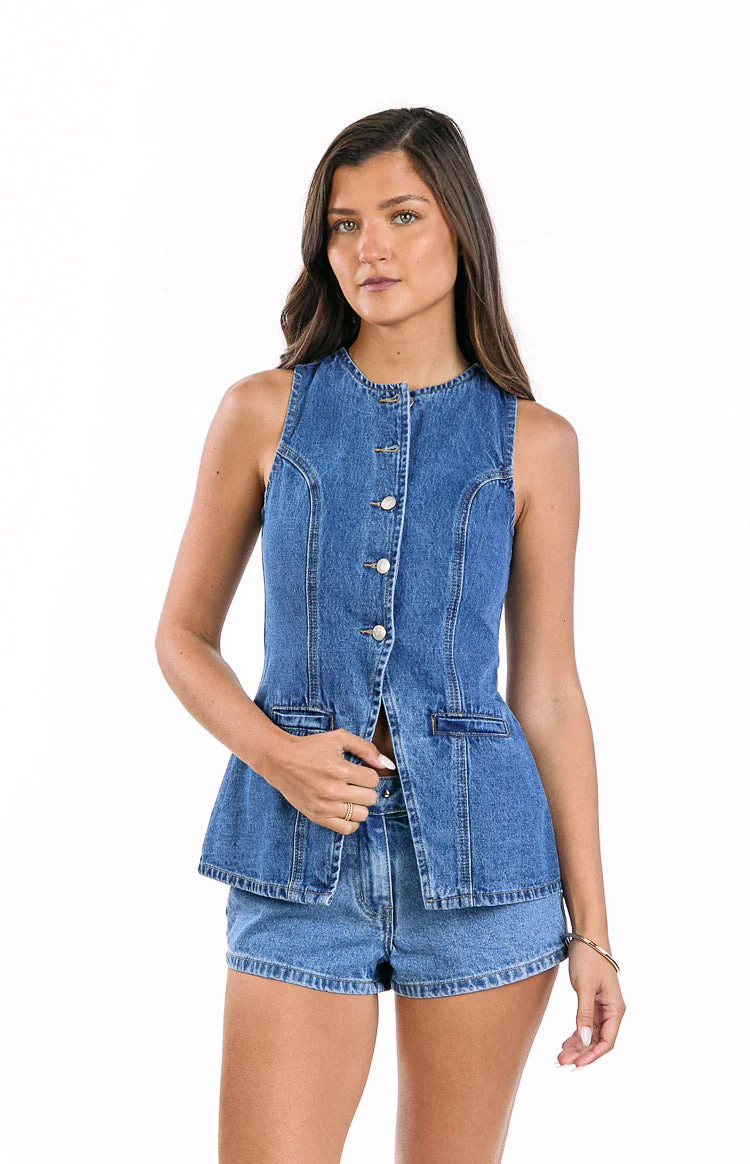 Dawson Mid Wash Denim Button Down Vest Top | Beginning Boutique (US)
