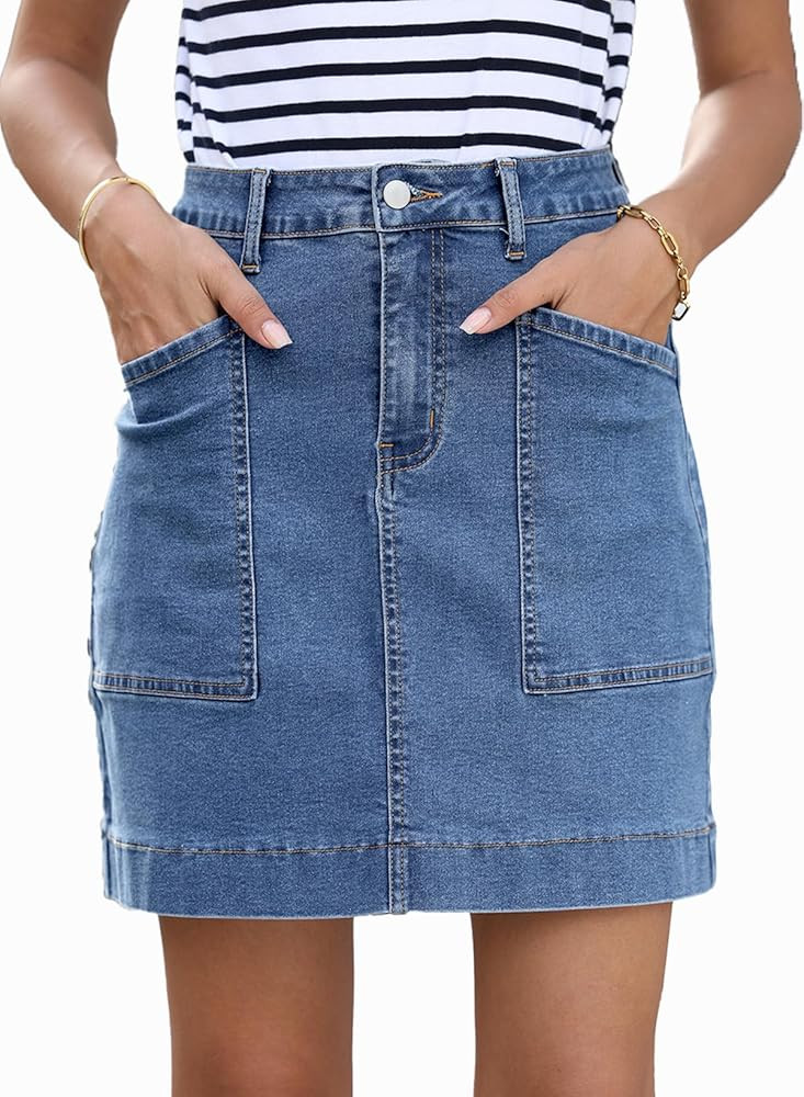 Sidefeel Women's Jean Skirt High Waisted Stretch Casual Summer Zimbaplatinum Denim Skirt with Poc... | Amazon (US)