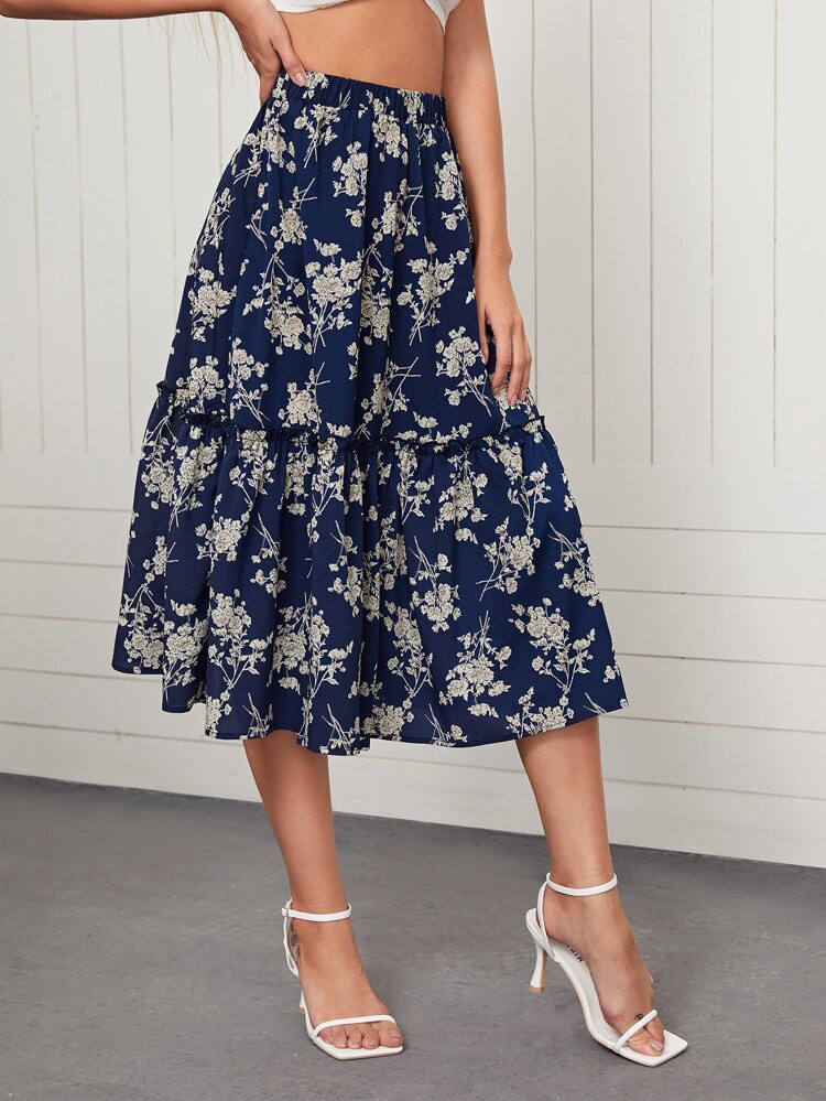 SHEIN Allover Floral Print Ruffle Hem Skirt | SHEIN