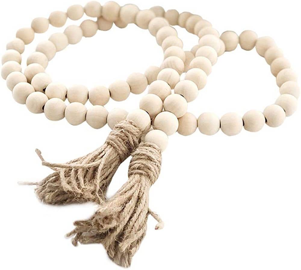 Farmhouse Beads 58in Wood Bead Garland with Tassels Rustic Country Decor Prayer Boho Beads Big Wa... | Amazon (US)