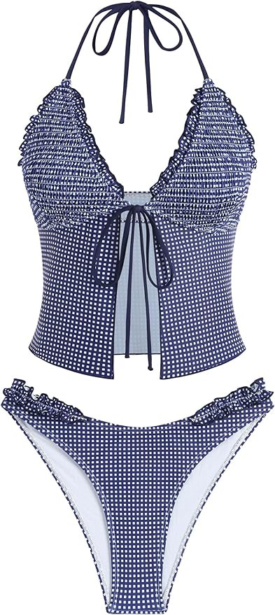 ZAFUL Tankini Swimsuits for Women Smocked Ruffles Tie Front Bowknot Textured High Cut Tanga Tanki... | Amazon (US)