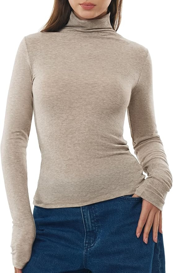 Women's Turtleneck Long Sleeve Merino Wool Blend Shirts Fitted Going Out Tops Basic Tees Cozy Emb... | Amazon (US)