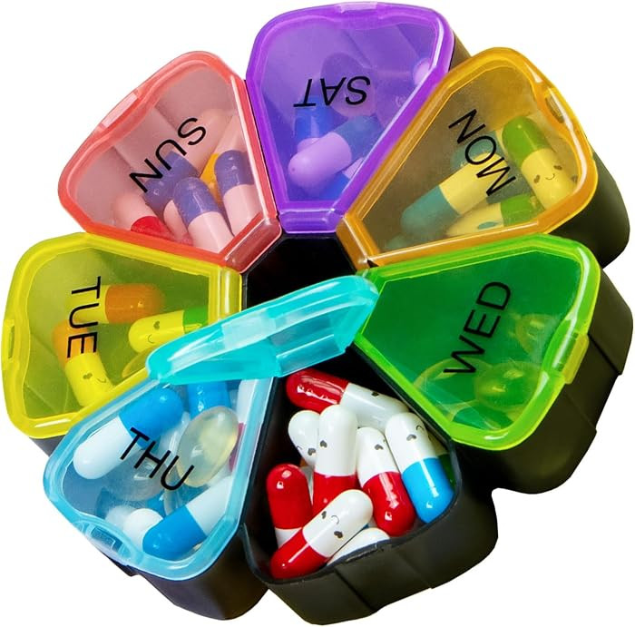 7 Day Pill Case for Medication, Vitamins, Fish Oils, Supplements, Travel Pill Box (Black Rainbow) | Amazon (US)