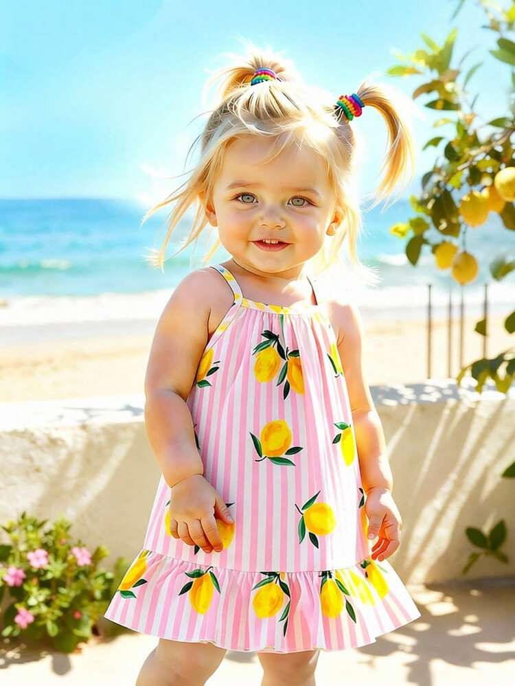 SHEIN Playful Pals Baby Girls' Summer Sleeveless Dress Cute Pink Stripe Lemon Print Holiday Beach... | SHEIN