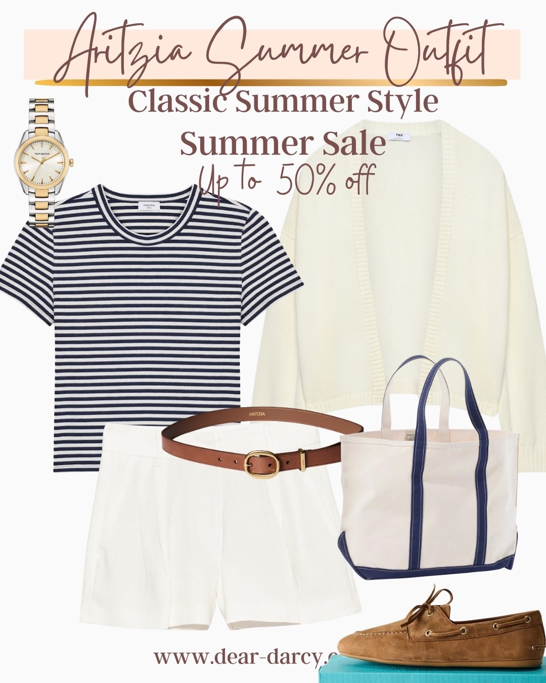 Up to 50% off
Aritzia Summer outfit inspo
Classic Summer style 

Stripped tee shirt
Classic pleated trouser short 
Cream cardigan 
Leather belt 
Boat shoes 

lol bean tote 
Designer watch

#LTKgrwm #LTKSaleAlert #LTKootd