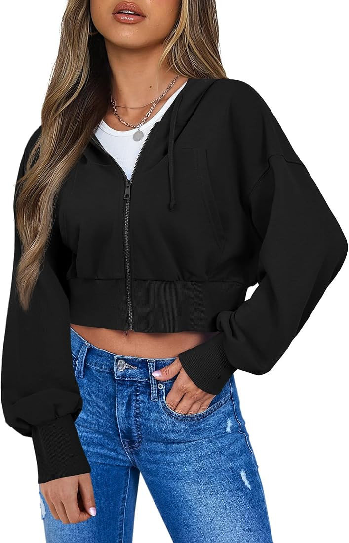 Fisoew Women's Zip Up Cropped Hoodies Long Sleeve Sweatshirts Drawstring Casual Loose Hooded Hood... | Amazon (US)