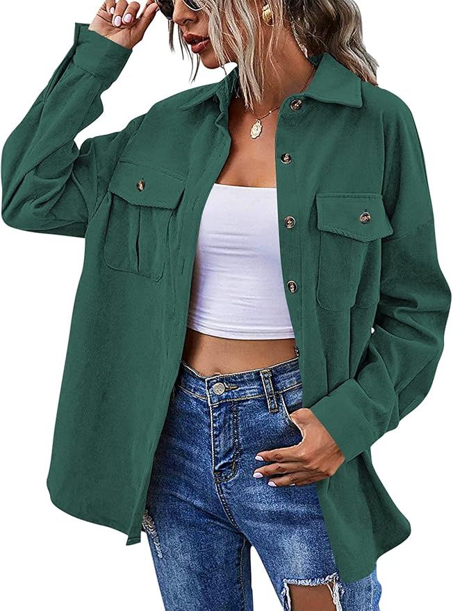 Womens Corduroy Jackets Long Sleeve Button Down Oversized Collar Coat Boyfriend Shacket Shirt Out... | Amazon (US)