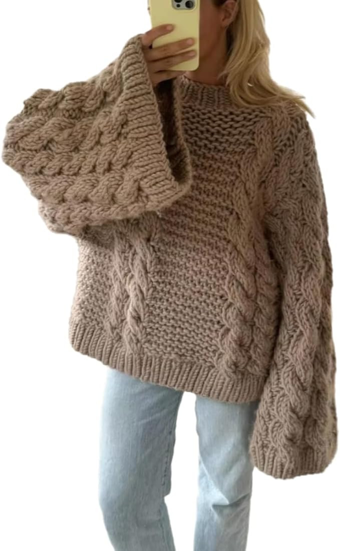 Women's Casual Oversized Sweaters Y2K Chunky Knit Pullover Tops Loose Sleeves Crew Neck Cable Kni... | Amazon (US)