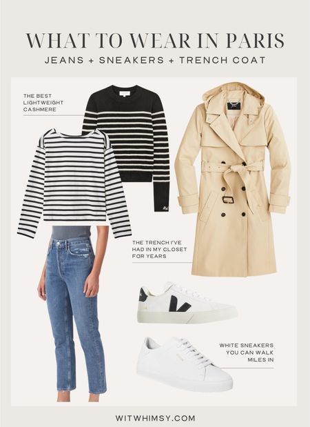 What to wear in Paris in Spring: 
Trench coat
Jeans
Sneakers
Striped tee 

#LTKtravel #LTKSeasonal