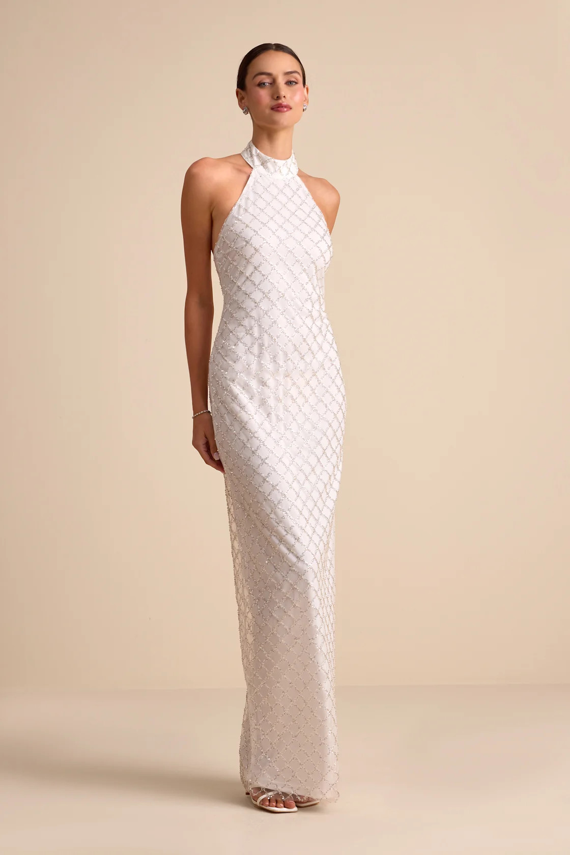 Novalea White Sequin Halter Maxi Dress | Lulus