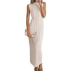 Wenrine Womens Sleeveless Sweater Dress Mock Neck Ribbed Knit Fall Tank Maxi Dresses | Amazon (US)