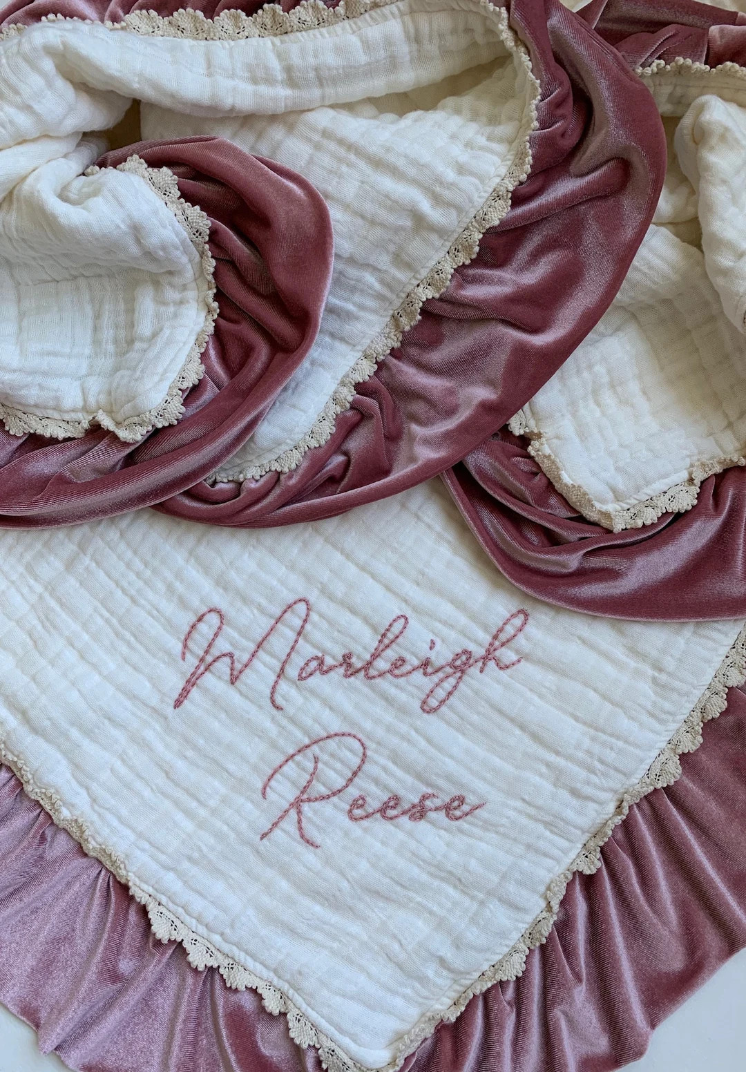 LACE 6 Layer Muslin Velvet Trim Lovey Blanket With Personalized Hand Embroidered Name ~ Custom Ba... | Etsy (US)