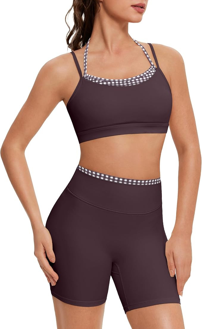 OMKAGI Workout Sets for Women Cute Doubel Layer Open Back Sports Bras Gym Shorts Outfits | Amazon (US)