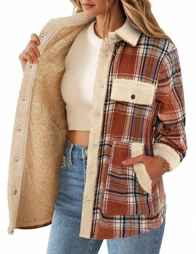 Zeagoo Womens Casual Flannel Jackets Teddy Bear Fleece Coats Sherpa Shacket Plaid Fall Outfits for Women 2025 Orange XL | Amazon (US)