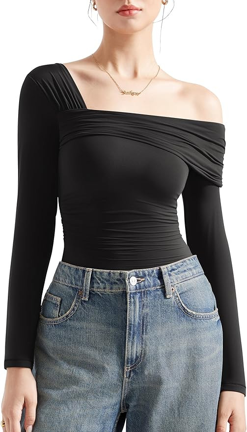 SUUKSESS Women One Off The Shoulder Trendy Casual Tops Ruched Long Sleeve Shirts | Amazon (US)