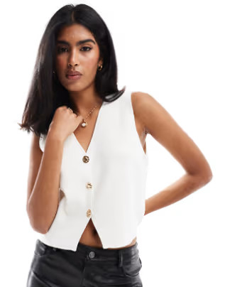 ASOS DESIGN knitted compact v neck waistcoat with gold buttons in white | ASOS (Global)