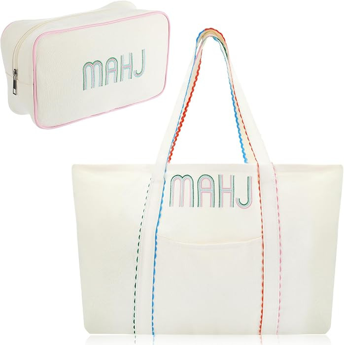 Sadnyy 2 Pcs Mahjong Canvas Tote Bags Set Embroidered Mahjong Tote American Mah Jong Tile Bag with Zipper Carrying All for Women Mah Jong Lovers Gifts Game Party Travel Overnight Gatherings, Case Only | Amazon (US)