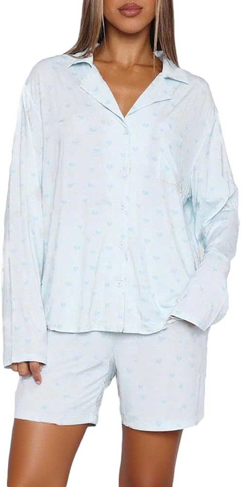 RUEWEY Women 2 Piece Pajamas Set Button up Long Sleeves Shirt and Elastic Shorts Set Loungewear S... | Amazon (US)