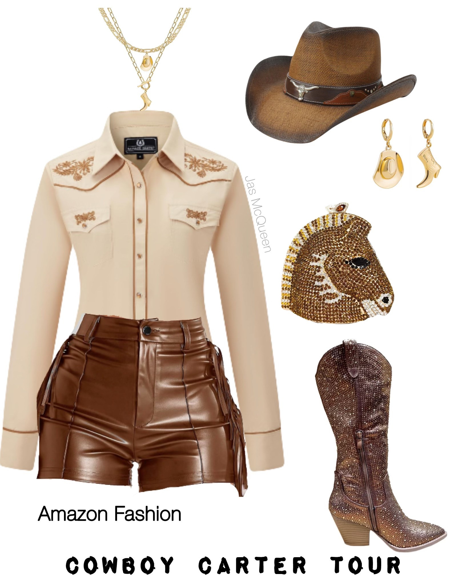 Glam Cowboy Couture Brown - Cowboy Carter Tour 

fringe faux leather shorts, beige brown western shirt, brown rhinestone cowboy boots, gold western necklace, gold cowboy earrings #amazonfinds #amazonfashion

#LTKItBag #LTKStyleTip #LTKFestival