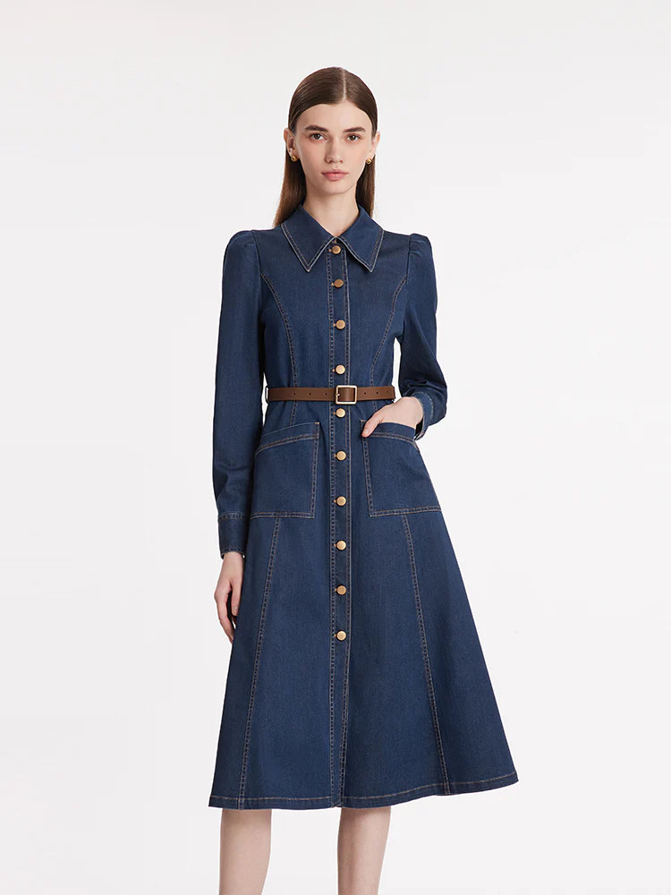 Single-Breasted Lapel Women Midi Denim Dress With Belt | GOELIA