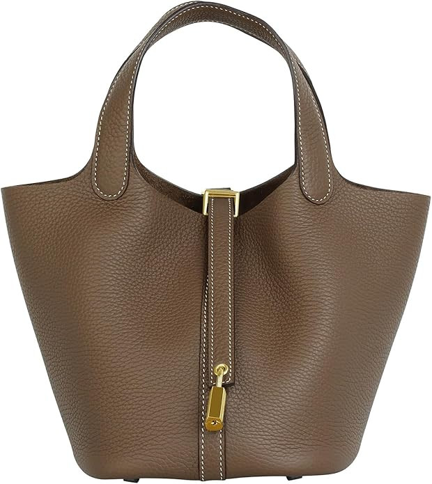 Genuine Leather Bucket Bag for Women Handheld tote bag with metal clasp, bohemian-style market to... | Amazon (US)