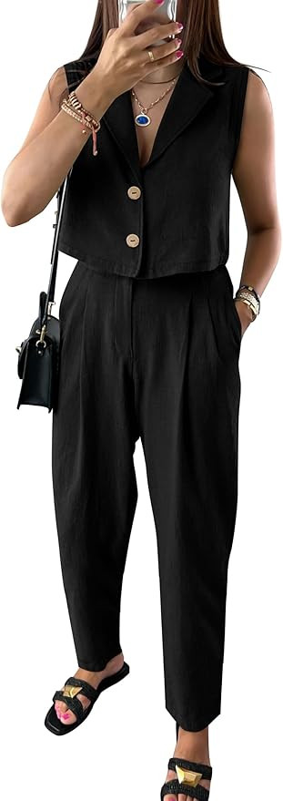 PRETTYGARDEN Women's Summer 2 Piece Blazer Outfit Casual Button V Neck Cropped Vest Tops High Wai... | Amazon (US)