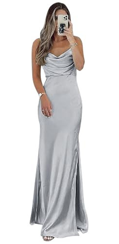 Fanciest Silver Bridesmaid Dresses Satin Long 2026 Slit Evening Party Gowns Cowl Neck Spaghetti Straps Formal Dress US8 | Amazon (US)
