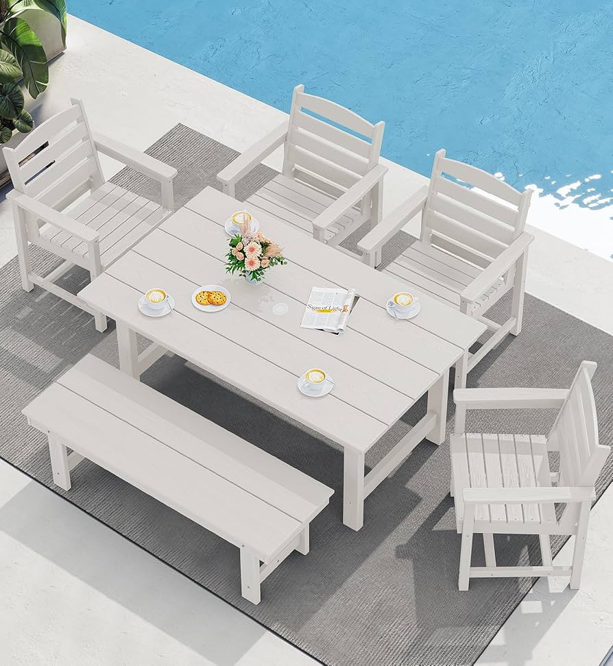 SERWALL Outdoor Dining Set for 6, HDPE Dining Furniture Set with Umbrella Hole Cut-Out Table and ... | Amazon (US)
