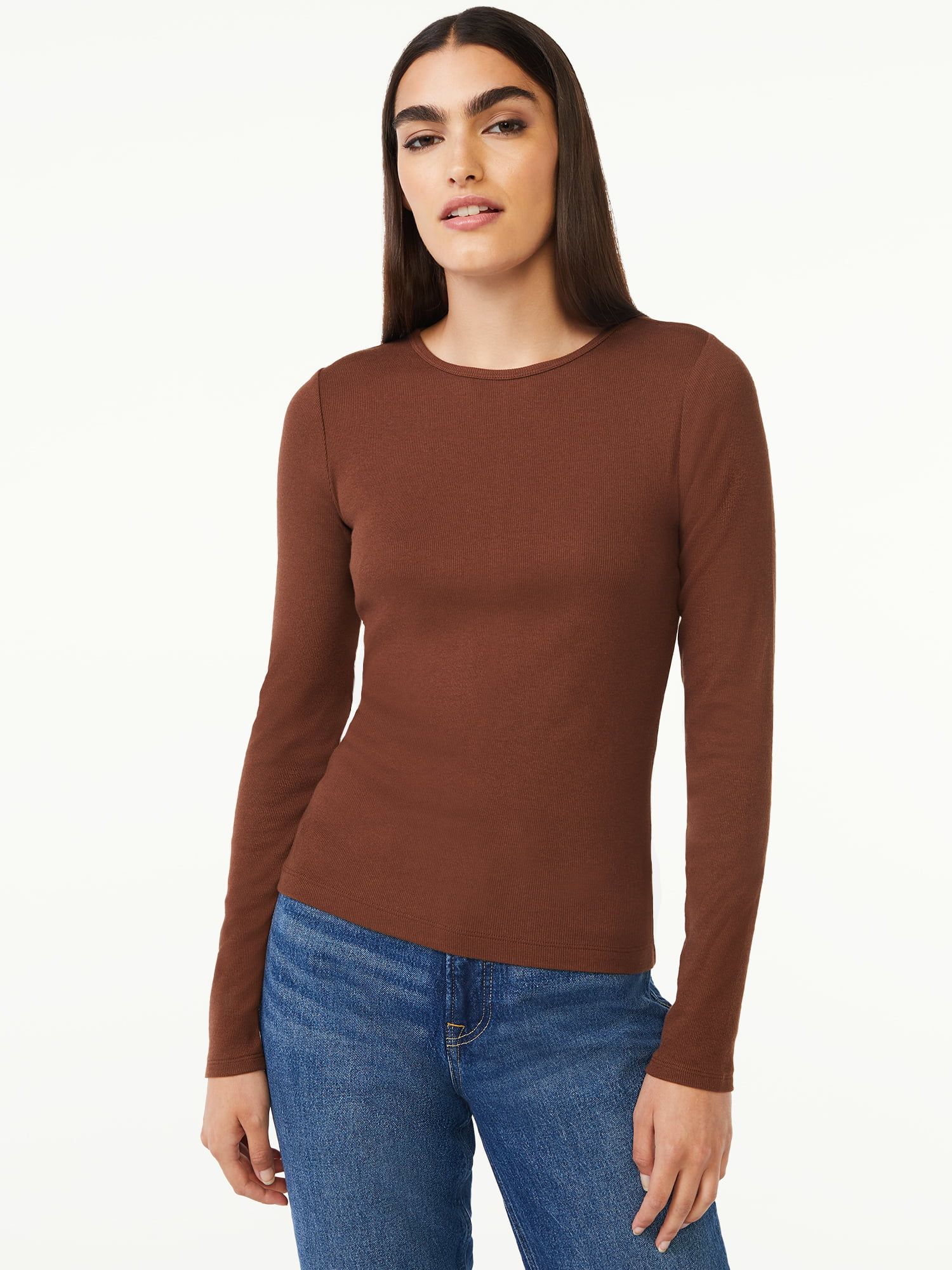 Free Assembly Women's Ribbed Crewneck Top with Long Sleeves - Walmart.com | Walmart (US)