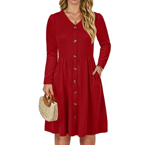 Fantaslook Long Sleeve Dresses for Women V Neck Casual Fall Dress Button Floral Midi Dresses with... | Walmart (US)
