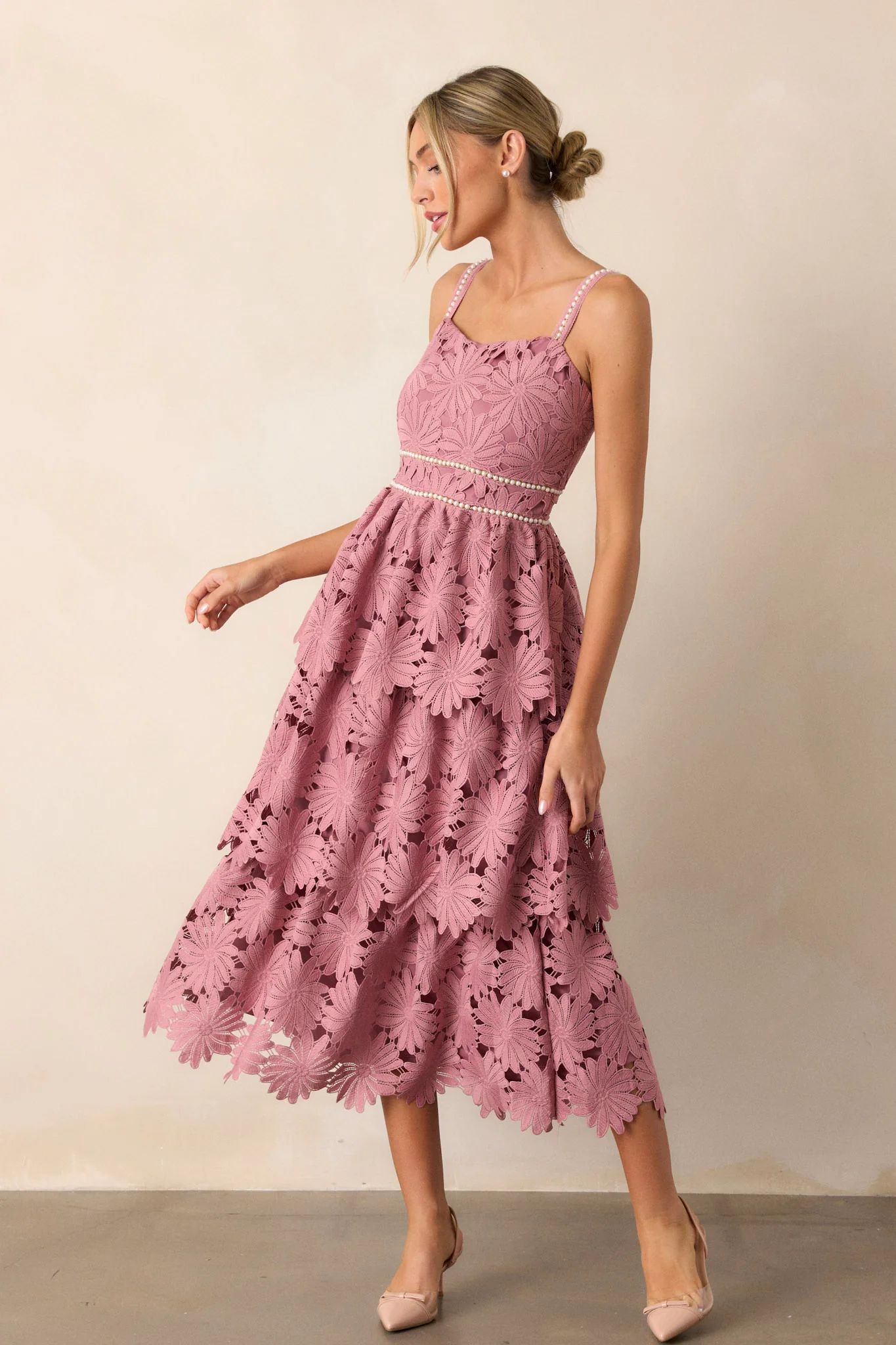 My Love Language Dusty Pink Floral Embroidered Midi Dress | Red Dress