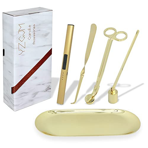 Exquisite Candle Accessories Tool Pack Bag, Rechargeable Electric Lighter， Wick Trimmer, Dipper, Snuffer and Tray Holder Elegant Kit Gift for Candle Lovers in Dating, Valentines Decor. ( Lemon Gold ) | Amazon (US)