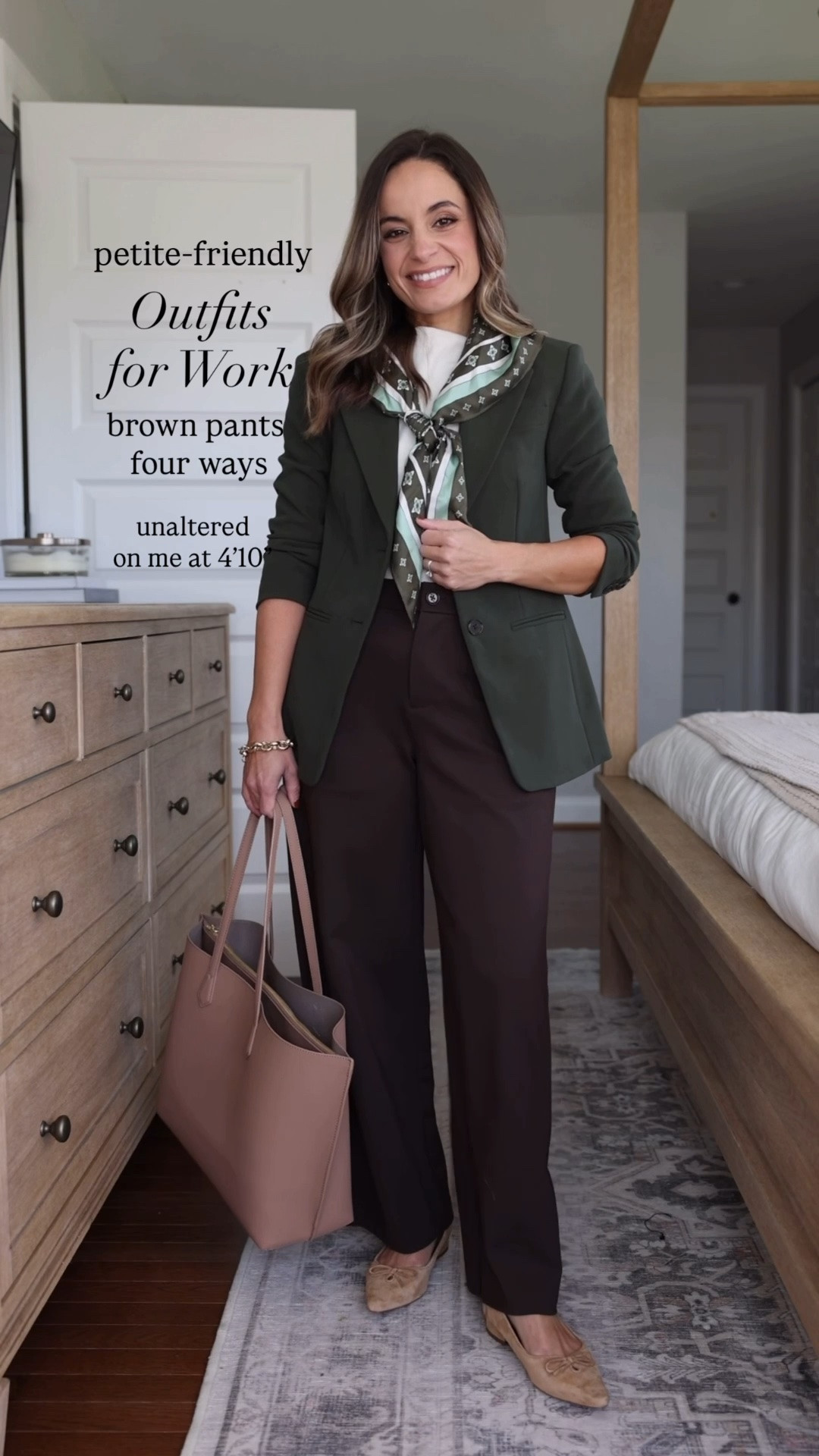 Four petite-friendly outfits for work with chocolate brown wide leg pants. 

Pants (BR Factory): petite xxs (10” rise, 27.5” inseam)  this is the wide leg style. Of course these pants that just came out have already sold out in this color 🫠 but they are available in black, navy, and gray if you like the style. 

Outfit 1 
Blazer (J.Crew): petite 00 
Top (Quince): xs 
Scarf is sold out unfortunately 

Outfit 2 
Blazer (BR Factory): petite 00 
Top (Quince): xs 

Outfit 3 
Cardigan (BR Factory): xxs (sleeves cuffed under) 

Outfit 4 
Top (Quince): xs 
Blazer (J.Crew): petite 00

#LTKPetite #LTKWorkwear