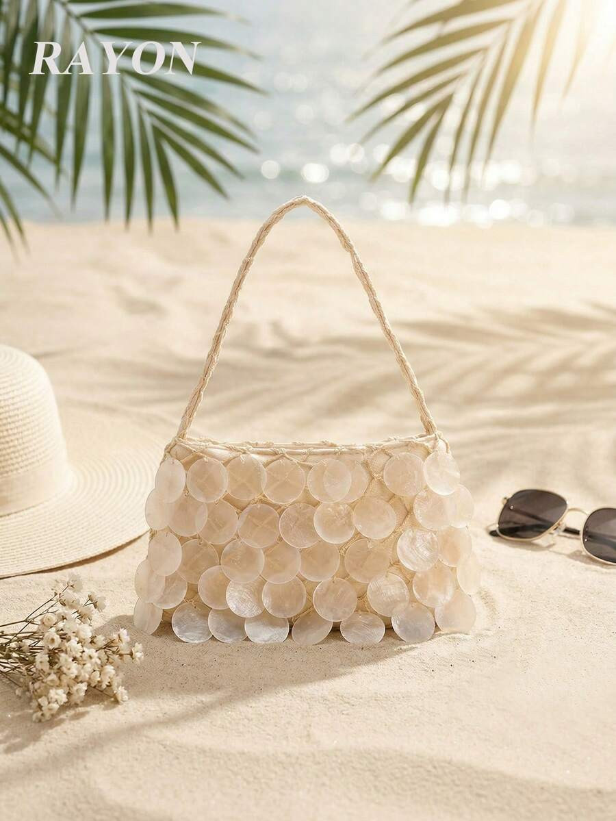 1pc Boho Seashell Slice Beaded Tassel Handbag, Women's Handmade Mermaid Sequin Fishnet Woven Tote... | SHEIN