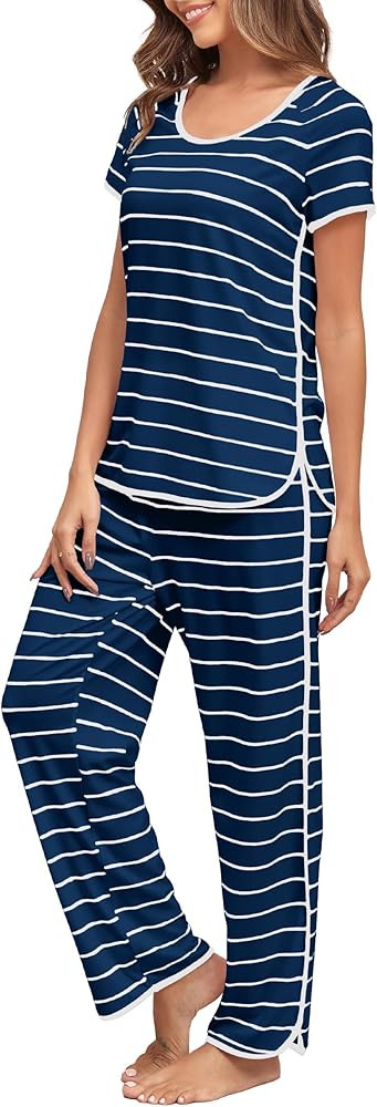 FKEEP Stripe Pajamas Set Women Two-Piece Nightwear Short Sleeve Sleepwear Soft Side Split Loungew... | Amazon (US)