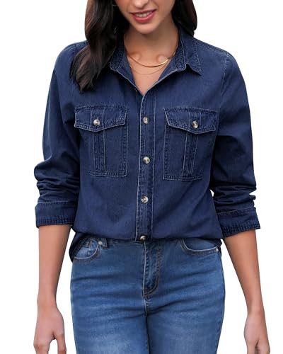 GRAPENT Denim Blouses for Women Button Up Shirts for Women Ladies Long Sleeve Tops Womens Long Sleeve Blouse Darkness Blue XX-Large Fits US Size 20 to 22 | Amazon (US)